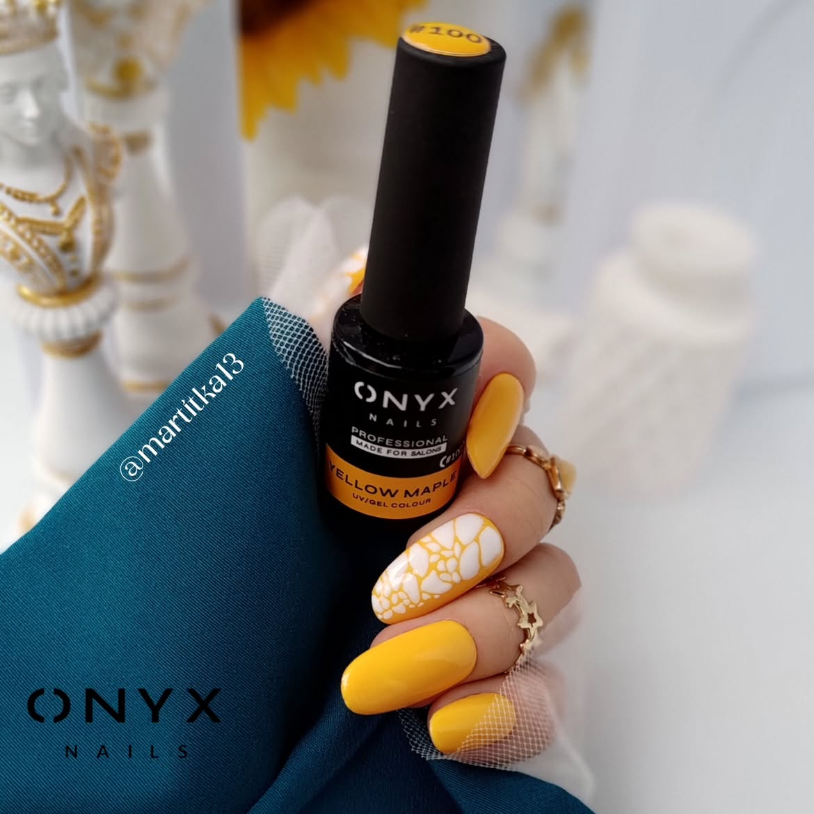Yellow nails with white flowers